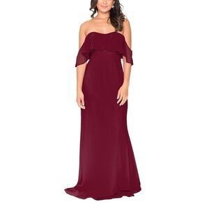 Off-Shoulder Ruffle Maxi Dress in Burgundy